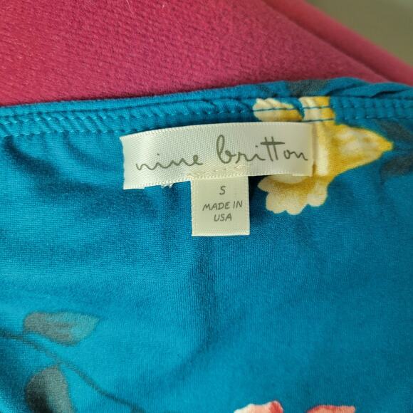 Nine Britton Maxon Brushed Knit Teal Blue Multi Floral Off The Shoulders Dress S - Picture 4 of 5